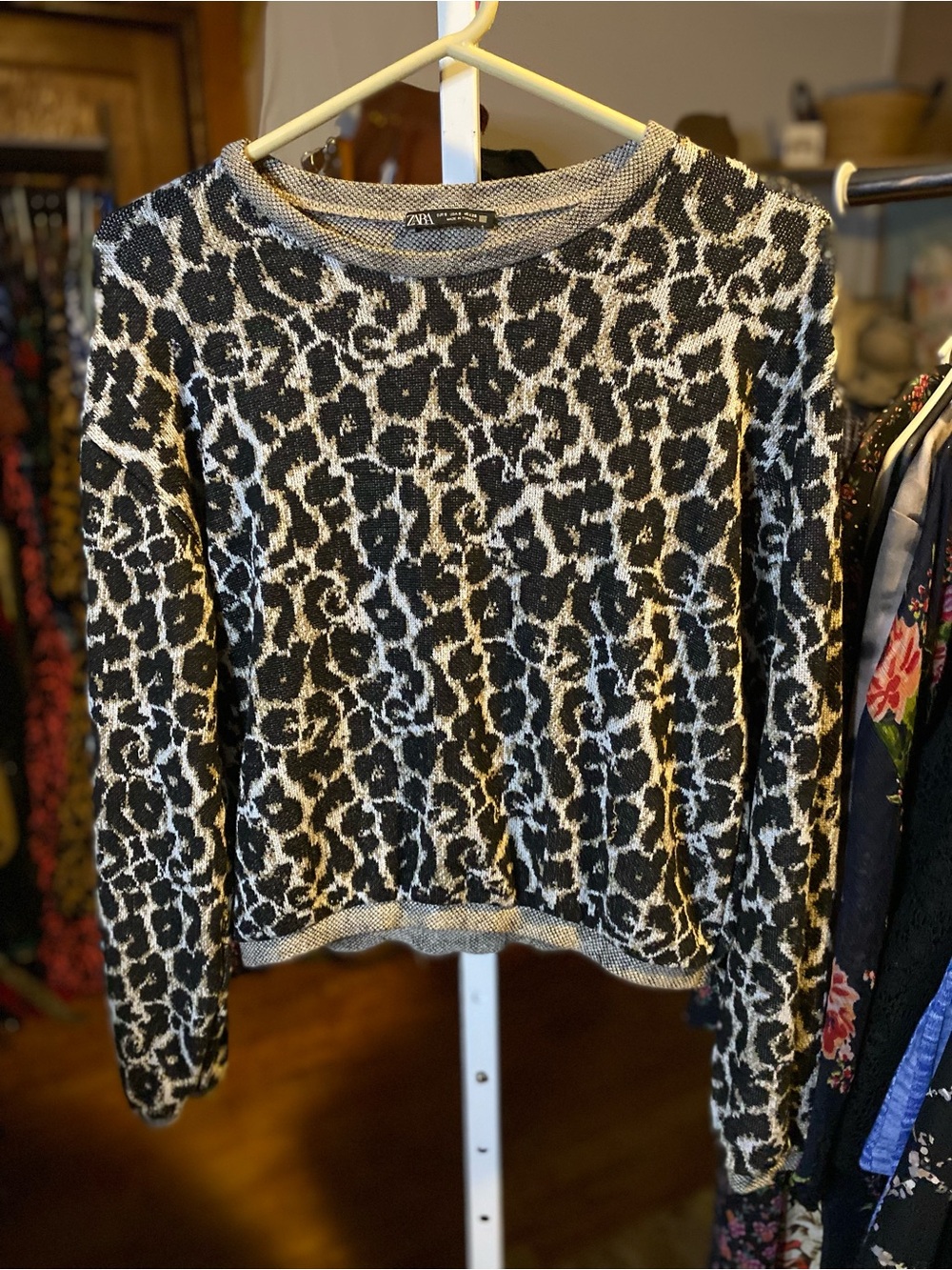 ZARA Black, tan, cream Leopard-Print Crewneck Sweater
